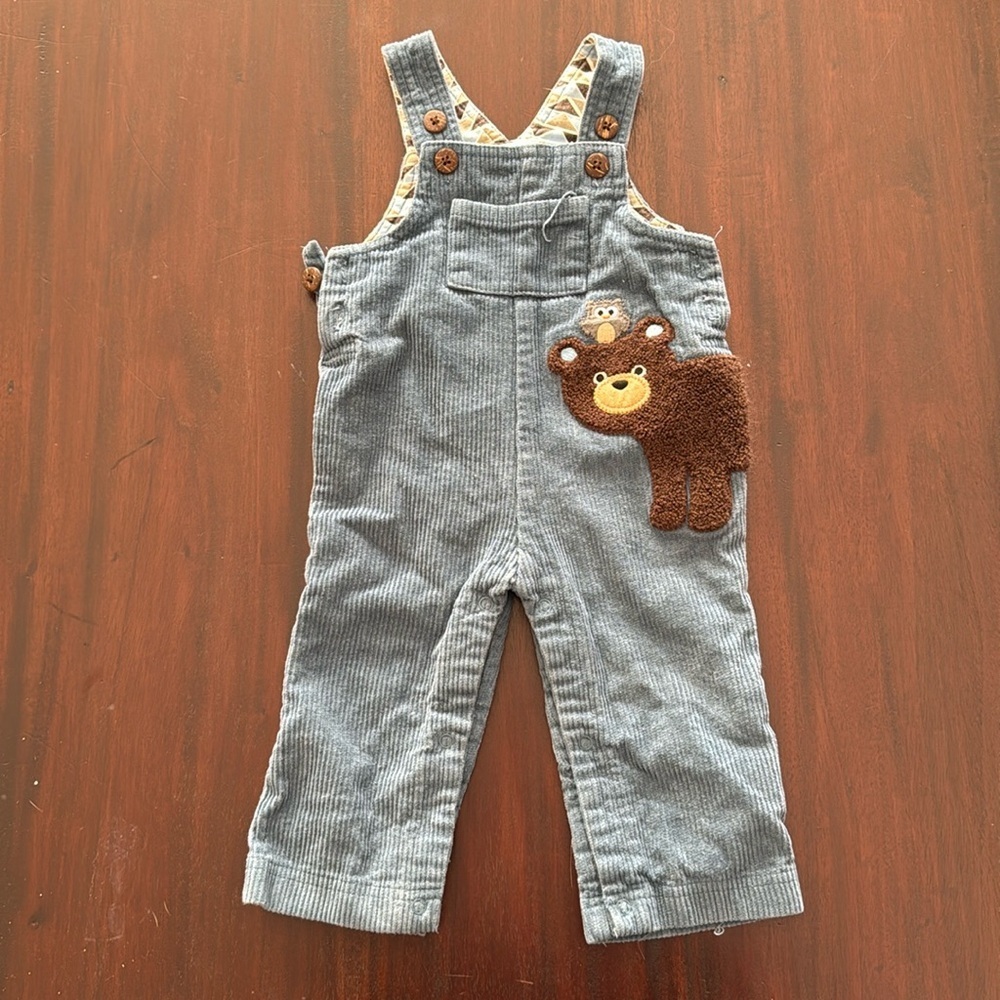 Mudpie bear and owl appliqué blue corduroy overalls size 6-9M